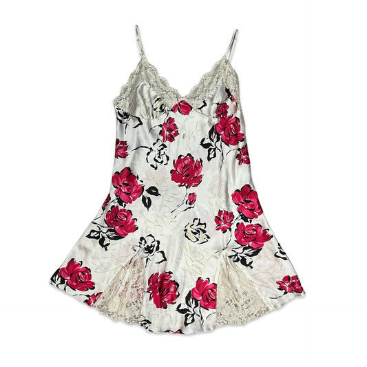 90s Y2K White & Pink Floral Slip Dress 10 12