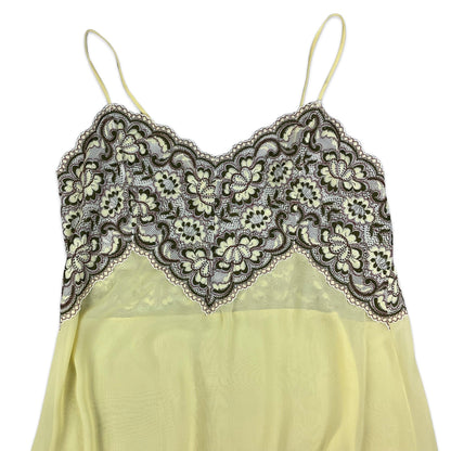 90s Yellow Sheer Slip Dress with Floral Embroidery