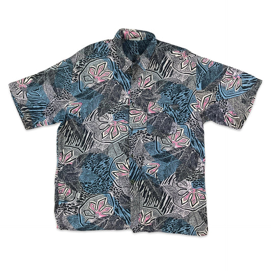 Vintage Black Blue & Pink Jungle Print Short Sleeve Shirt M L