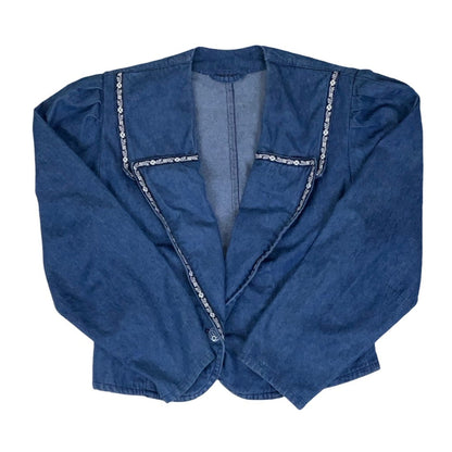 Vintage 70s 'Heller-Sport' Light Blue Floral Embroidered Crop Denim Jacket 12 14 S M