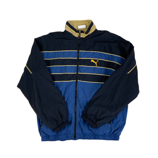 Vintage 80s 90s Puma Blue Black Yellow Stripe Bomber Windbreaker Jacket L XL