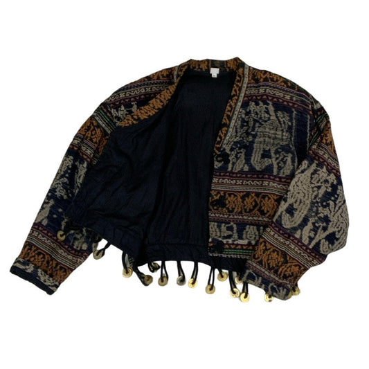 Vintage 90s Black Beige Orange Tapestry Metal Charm Folk Oversized Jacket XXL 3XL