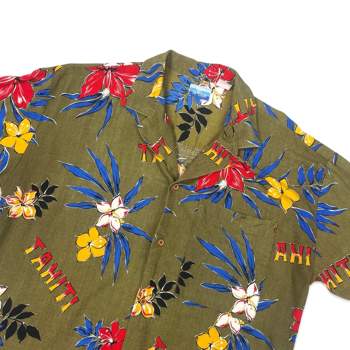 Vintage Green "Tahiti" Print Hawaiian Shirt M L