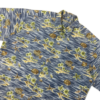 Vintage Island Theme Print Blue Hawaiian Shirt XL XXL