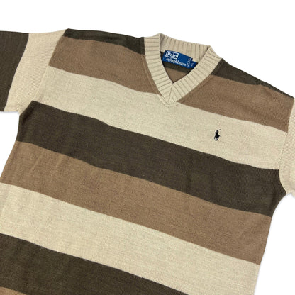 Vintage 80s 90s Ralph Lauren Brown Striped V-neck Knit Jumper M L