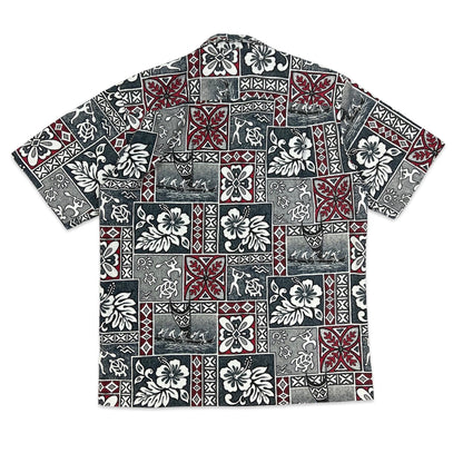 Vintage Grey & Red Made in Hawaii Abstract Print Hawaiian Shirt M L