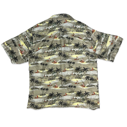 Vintage Beach Theme Print Silk Hawaiian Shirt M L