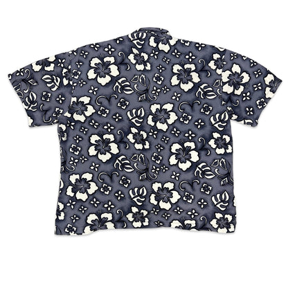 Vintage Grey & White Floral Print Hawaiian Shirt L XL