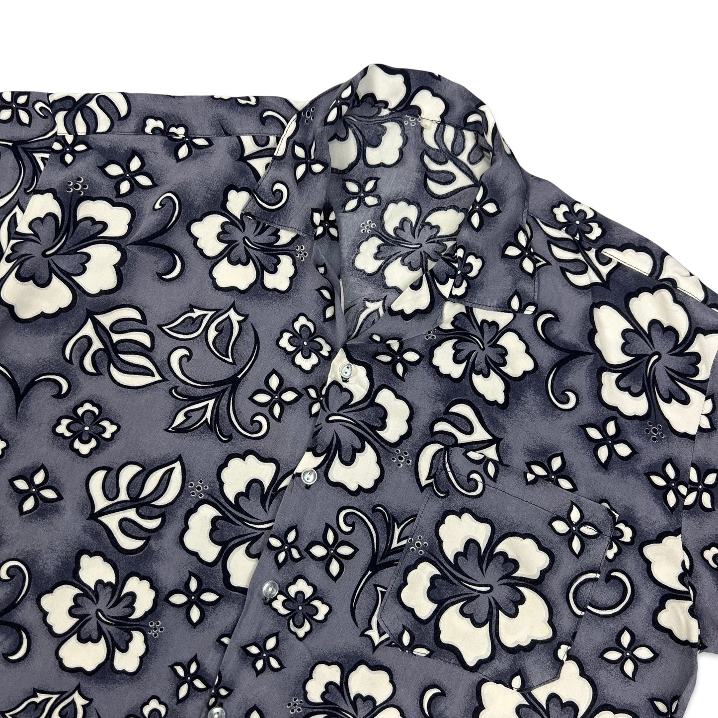 Vintage Grey & White Floral Print Hawaiian Shirt L XL
