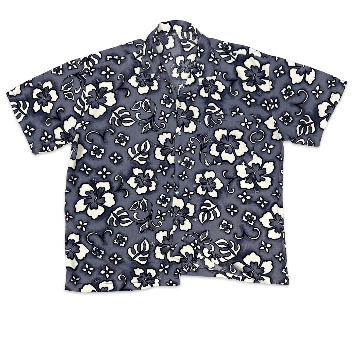 Vintage Grey & White Floral Print Hawaiian Shirt L XL