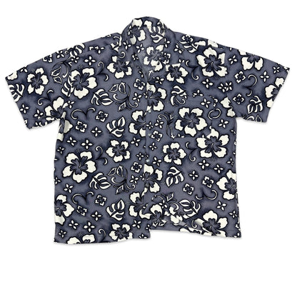 Vintage Grey & White Floral Print Hawaiian Shirt L XL