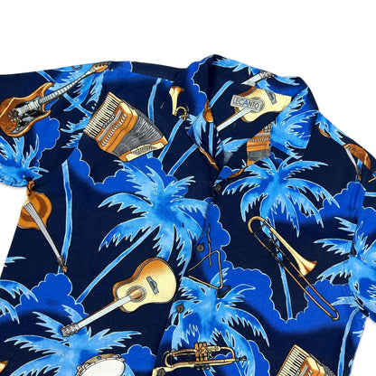 Vintage Blue Musical Instrument Print Hawaiian Shirt M L