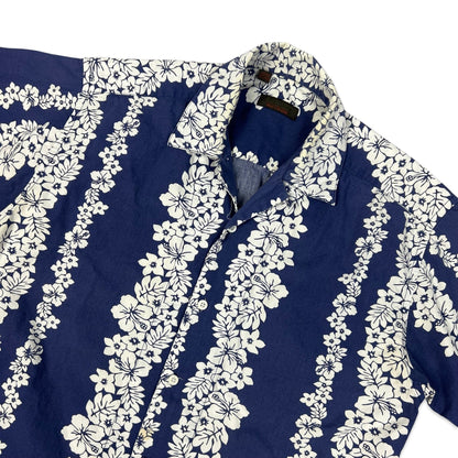 Vintage Blue & White Floral Print Hawaiian Shirt M L