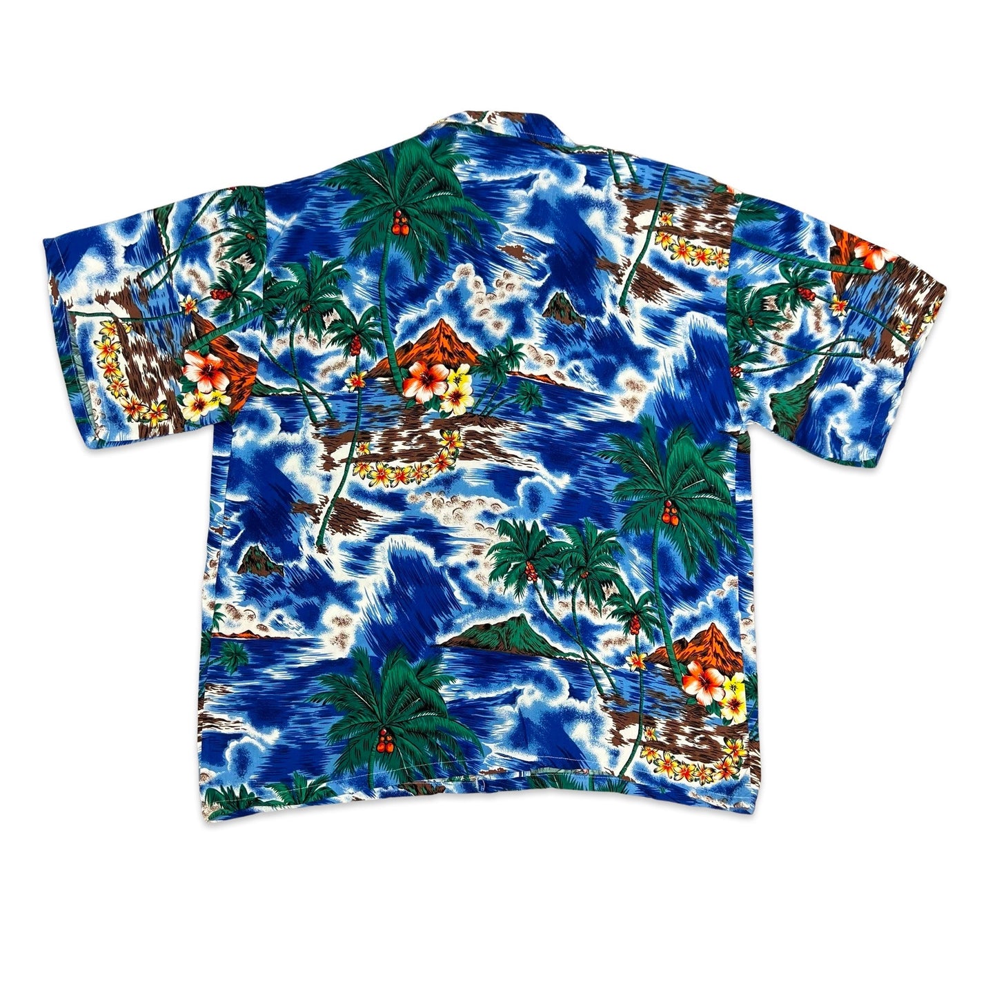 Vintage Blue & Green Island Print Hawaiian Shirt L XL