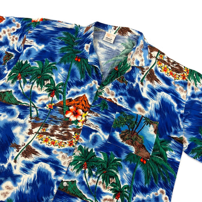 Vintage Blue & Green Island Print Hawaiian Shirt L XL