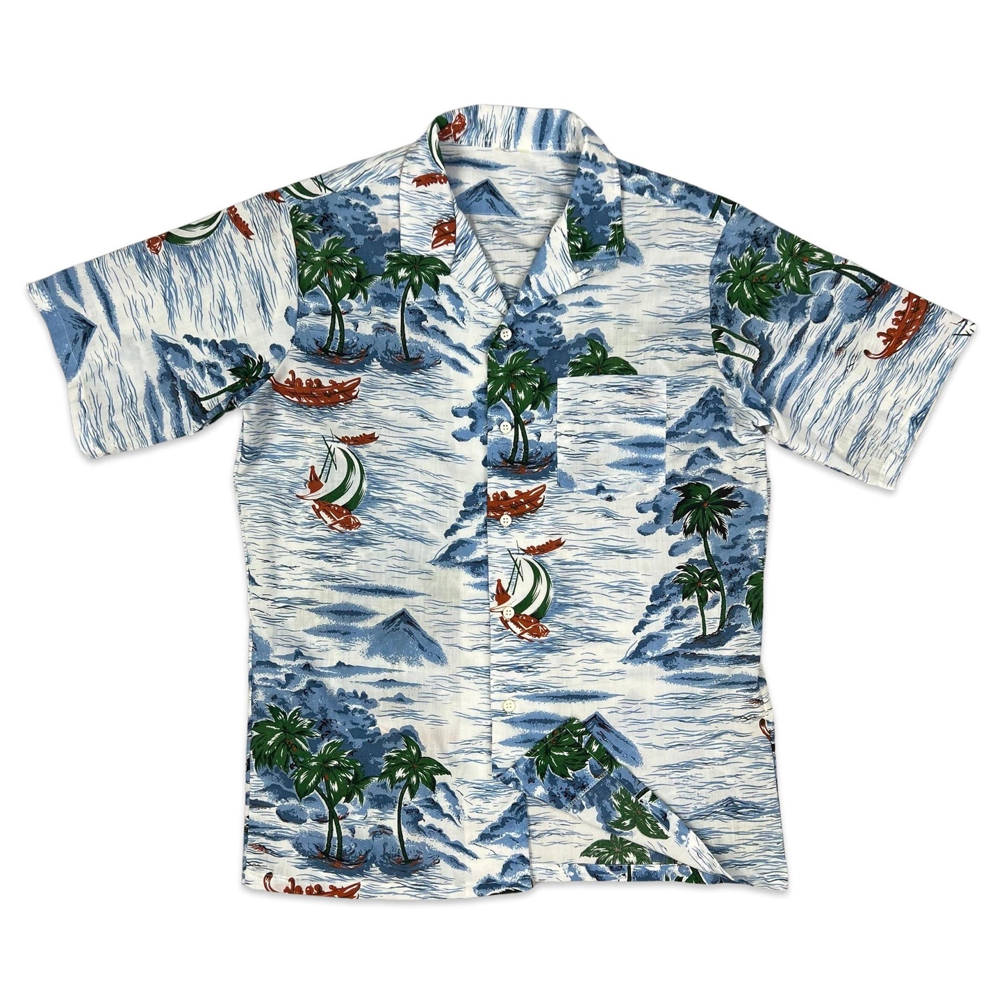 Vintage White Blue & Green Island Print Hawaiian Shirt S M