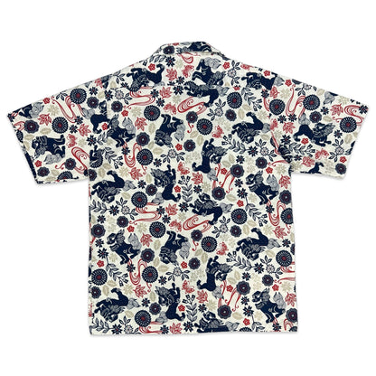 Vintage White Red & Navy Abstract Dragon Print Shirt S M