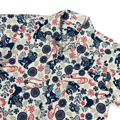 Vintage White Red & Navy Abstract Dragon Print Shirt S M