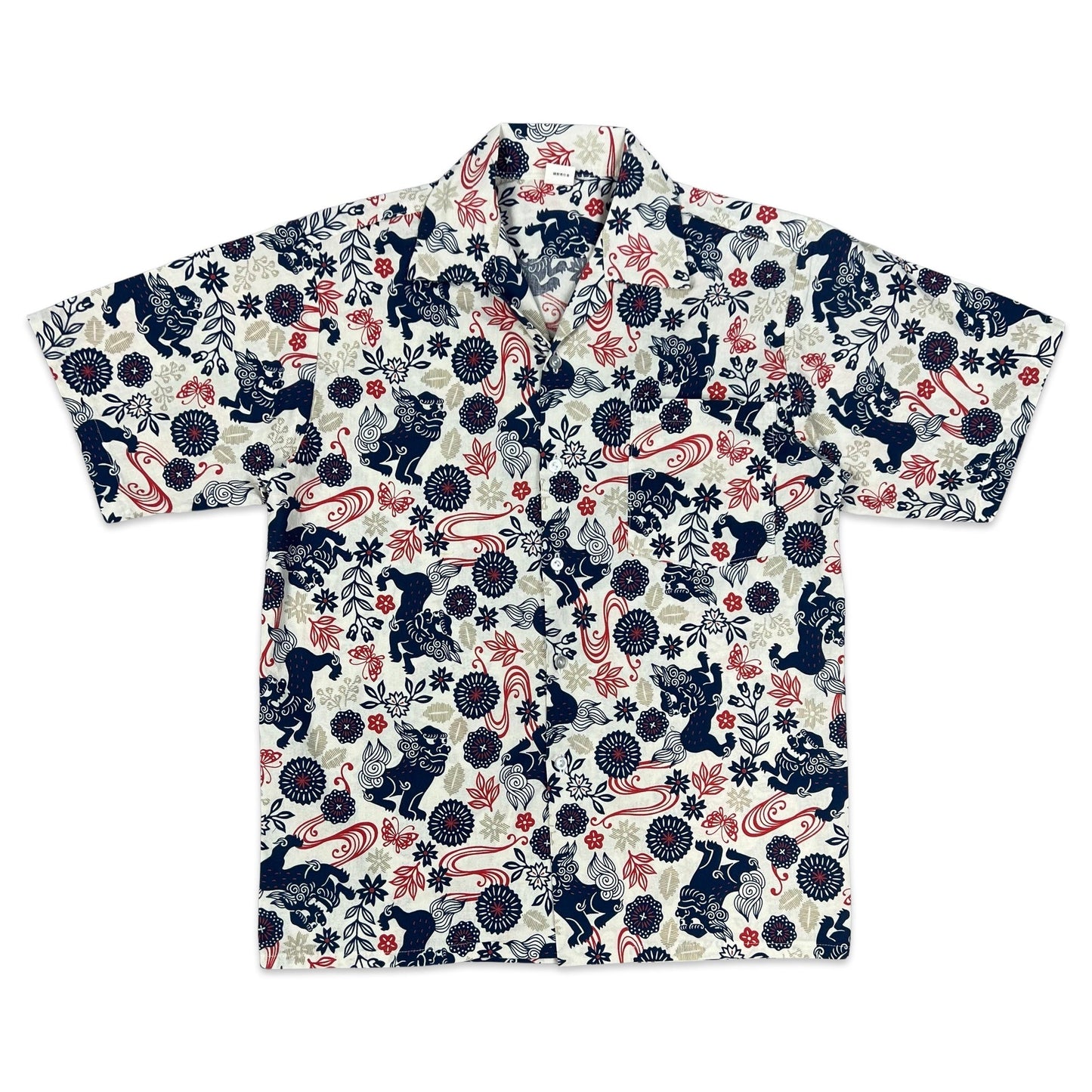 Vintage White Red & Navy Abstract Dragon Print Shirt S M