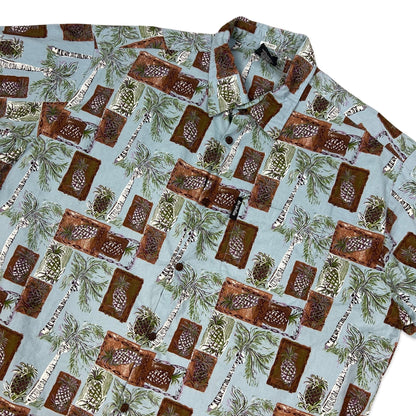 Vintage Y2K Blue & Brown Palm Tree Print Hawaiian Shirt XXL 3XL