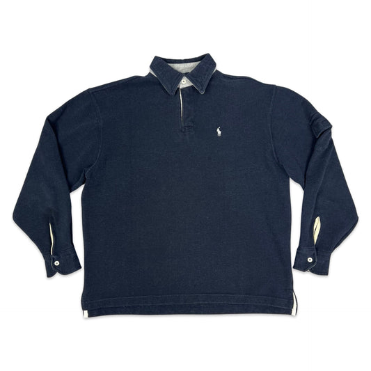 Vintage 80s 90s Ralph Lauren Navy Collared Sweatshirt L XL