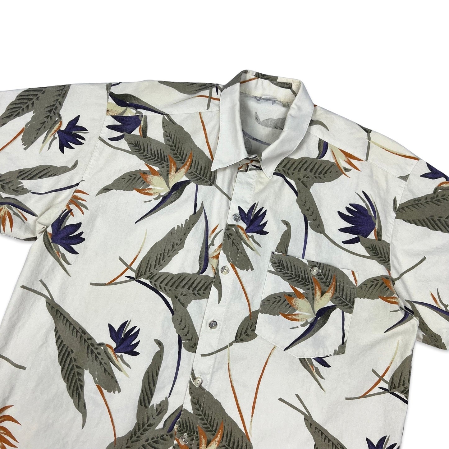 Vintage Botanical Print White Green & Orange Shirt L XL