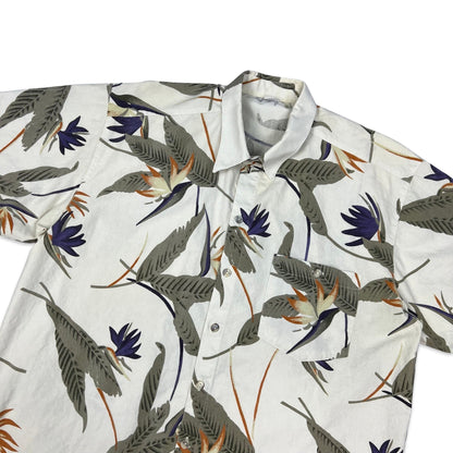 Vintage Botanical Print White Green & Orange Shirt L XL