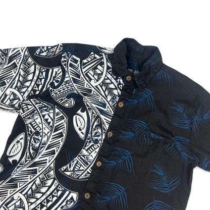 Vintage Black & White Abstract Print Hawaiian Shirt M L