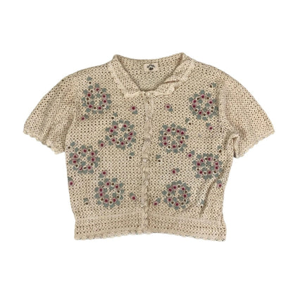 Vintage 90s Y2K ‘Blueberry Farm’ Cream Crochet Floral Top 12 14