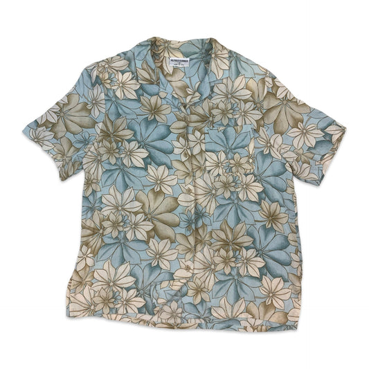 80s Blue & Beige Floral Hawaiian Shirt 14 16