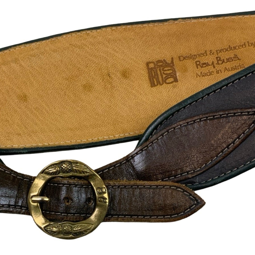 Vintage 80s 90s ‘Ray Busa’ Green Black Brown Leather Deer Stud Buckle Gold Leaf