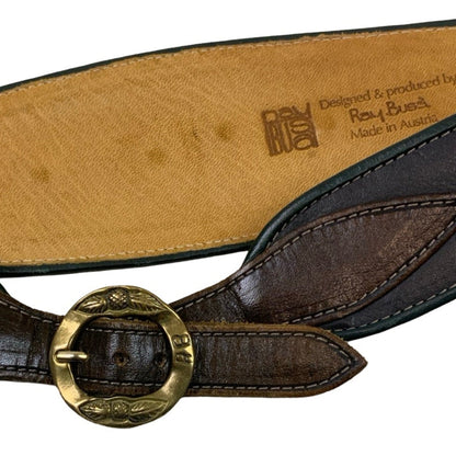 Vintage 80s 90s ‘Ray Busa’ Green Black Brown Leather Deer Stud Buckle Gold Leaf