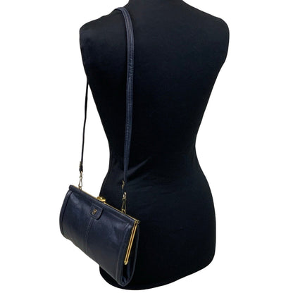 Vintage 80s 90s Navy Blue Leather Clasp Detachable Strap Clutch Shoulder Bag