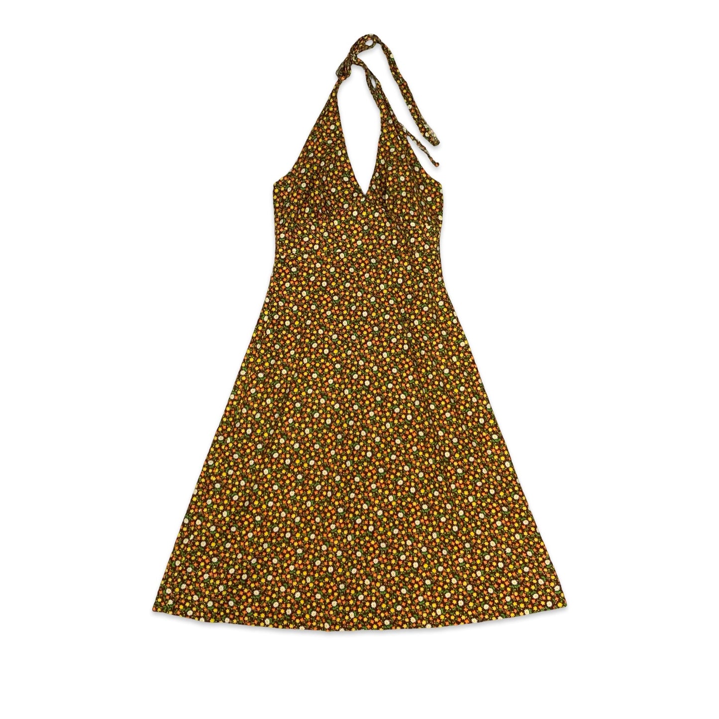 Vintage Orange & Brown Floral Halterneck Dress 6 8