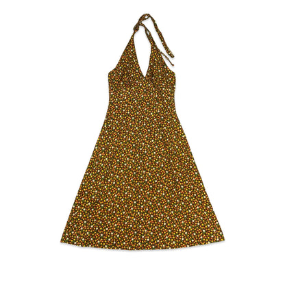 Vintage Orange & Brown Floral Halterneck Dress 6 8