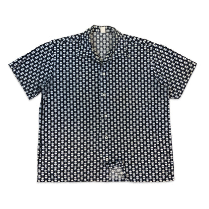 70s Blue & White Geometric Print Short Sleeve Shirt M L