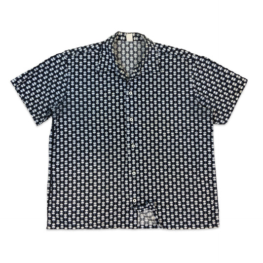 70s Blue & White Geometric Print Short Sleeve Shirt M L