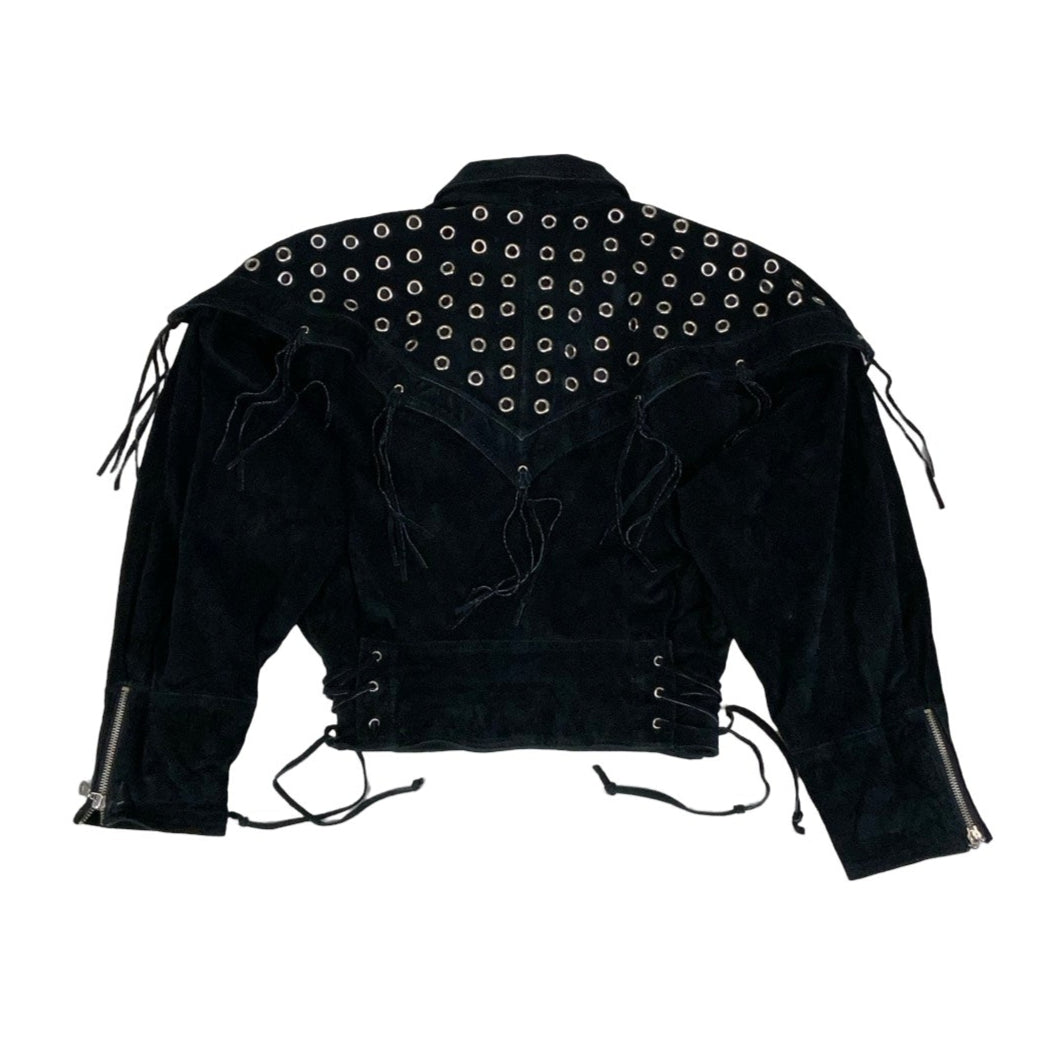 Vintage 90s ‘Yessica’ Black Suede Punk Tassel Studded Leather Jacket 12 14
