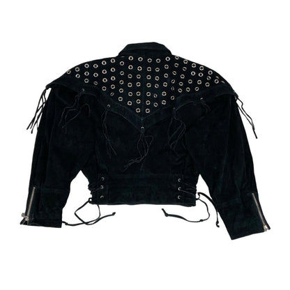 Vintage 90s ‘Yessica’ Black Suede Punk Tassel Studded Leather Jacket 12 14