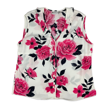 Vintage White Pink & Black Floral Sleeveless Blouse 10 12 14 16
