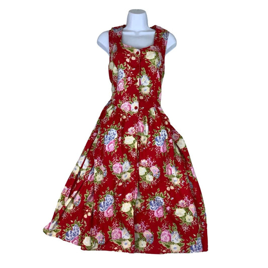 Vintage 80s 90s 'Citilites' Red Floral Aline Pockets Sleeveless Midi Dress 14 16 18