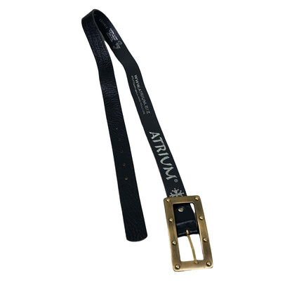 Vintage 90s ‘Atrium’ Black (631) Leather Thin Square Gold Studded Buckle Belt