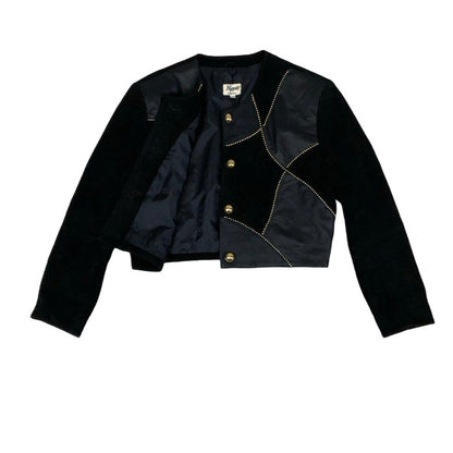 Vintage 80s ‘Kippie Company’ Black Patchwork Beaded Statement Crop Suede Leather Jacket 14 16