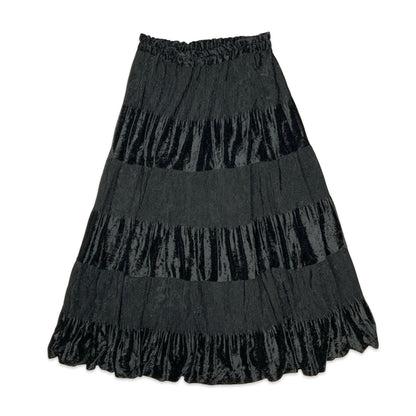 90s Black Velvet Tiered Pleated Maxi Skirt 10-18