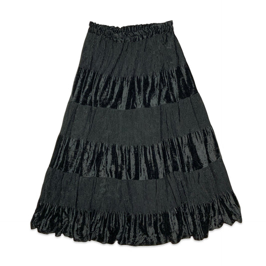 90s Black Velvet Tiered Pleated Maxi Skirt 10-18
