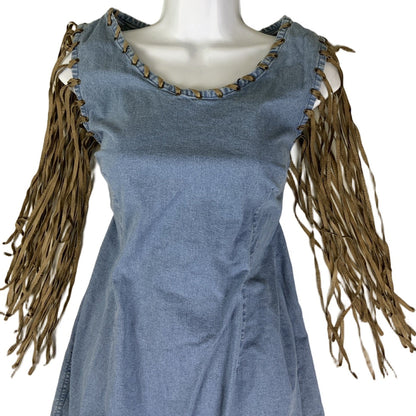 Vintage 90s 00s Y2k Suede Leather Tassel Sleeveless Midi Festival Boho Summer Dress 10 12 S