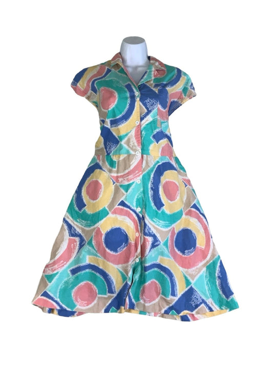 Vintage 90s Blue Green Prink Yellow White Pastel Midi Shirt Dress 14