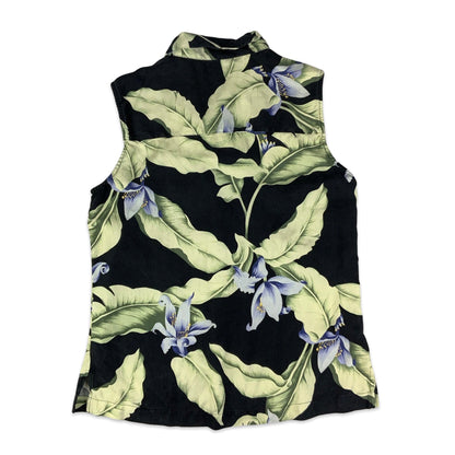 80s Black Purple & Green Floral Sleeveless Blouse