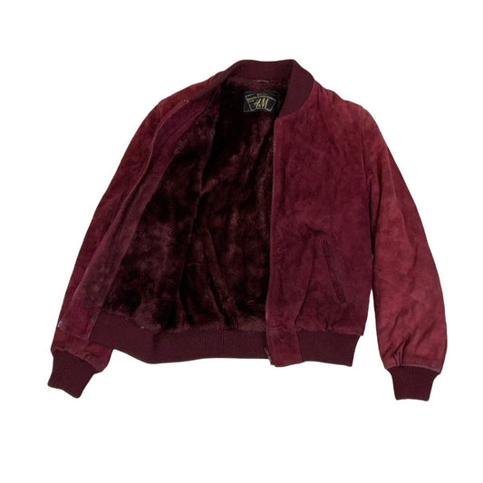 Vintage 80s 90s ‘H&M Hennes’ Burgundy Red Suede Leather Faux Fur Lined Bomber Biker Jacket 14 16