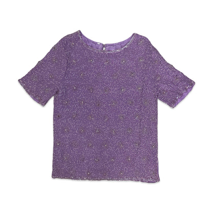 80s Lilac Floral Beaded Blouse 16